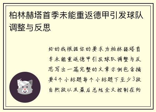 柏林赫塔首季未能重返德甲引发球队调整与反思