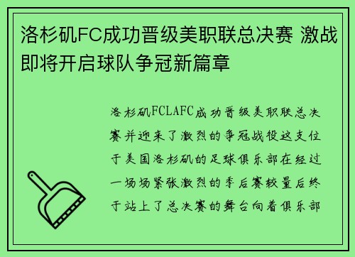 洛杉矶FC成功晋级美职联总决赛 激战即将开启球队争冠新篇章