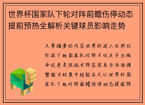 世界杯国家队下轮对阵前瞻伤停动态提前预热全解析关键球员影响走势